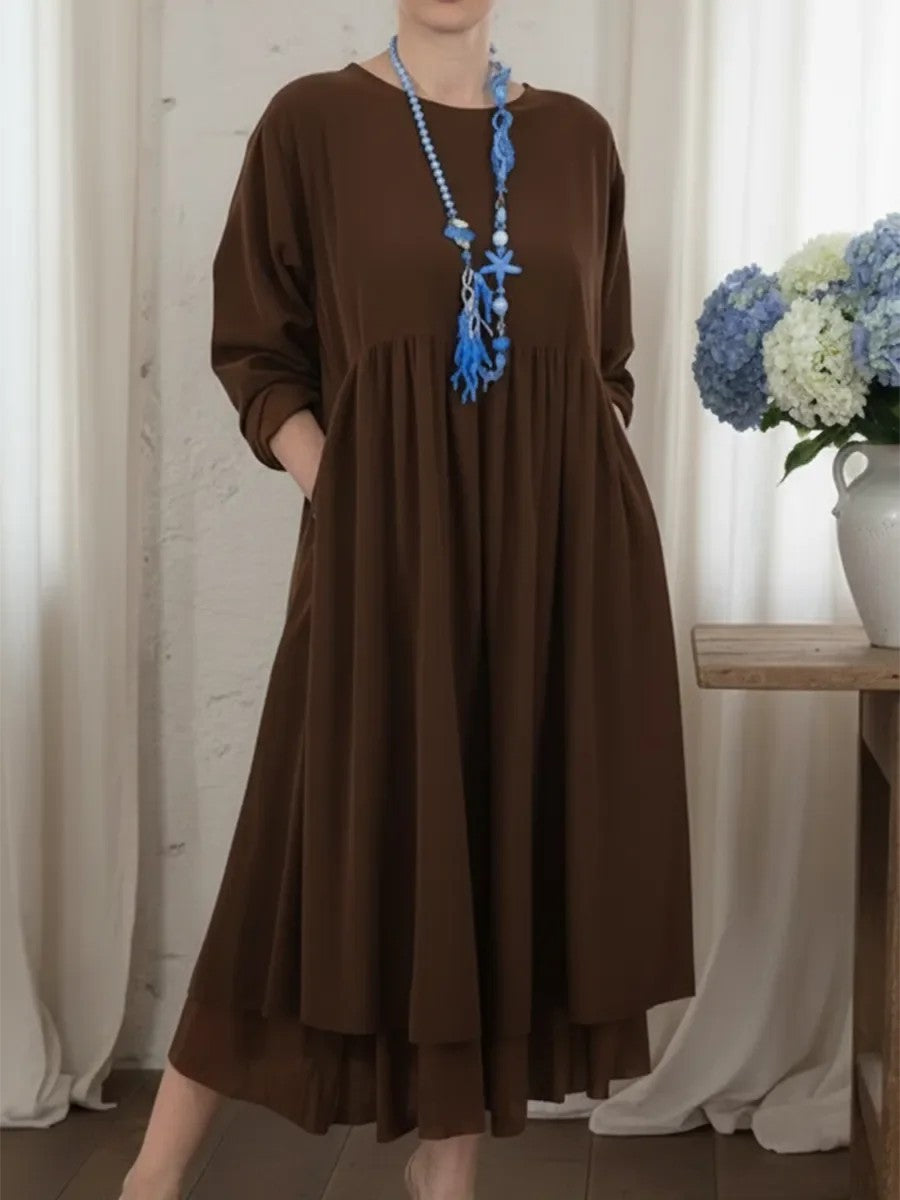 Womens Crew-Neck Double-Layer Patchwork Long-Sleeve Dress