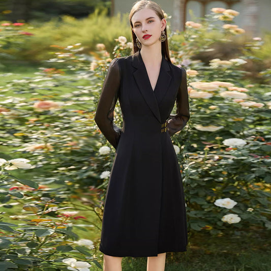 Stylish Black Lace-sleeve Waist-cinched Dress