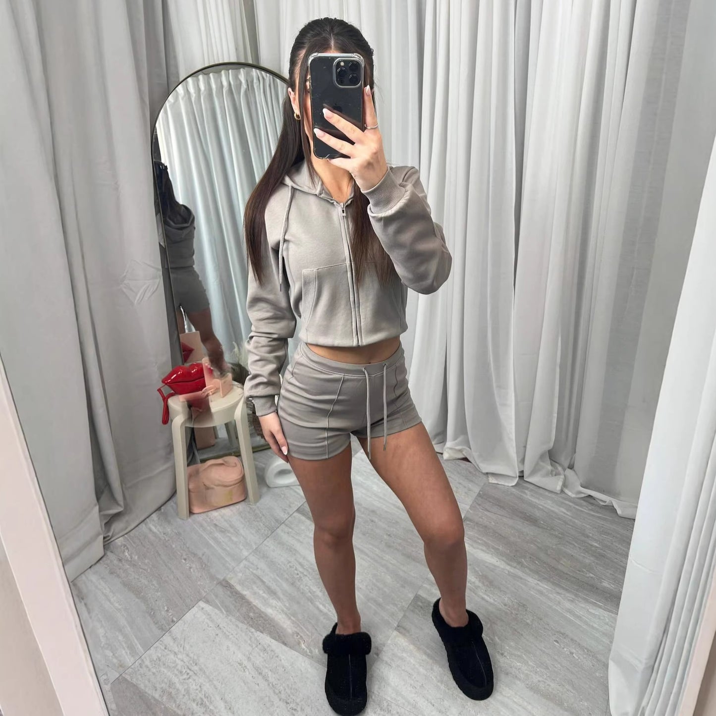 Womens Hooded Oversized Pocket Sweatshirt And Shorts Two-Piece Set