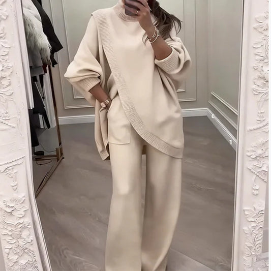 Womens Solid-Color High-Neck Cross-Over Knit Top And Pants Two-Piece Set